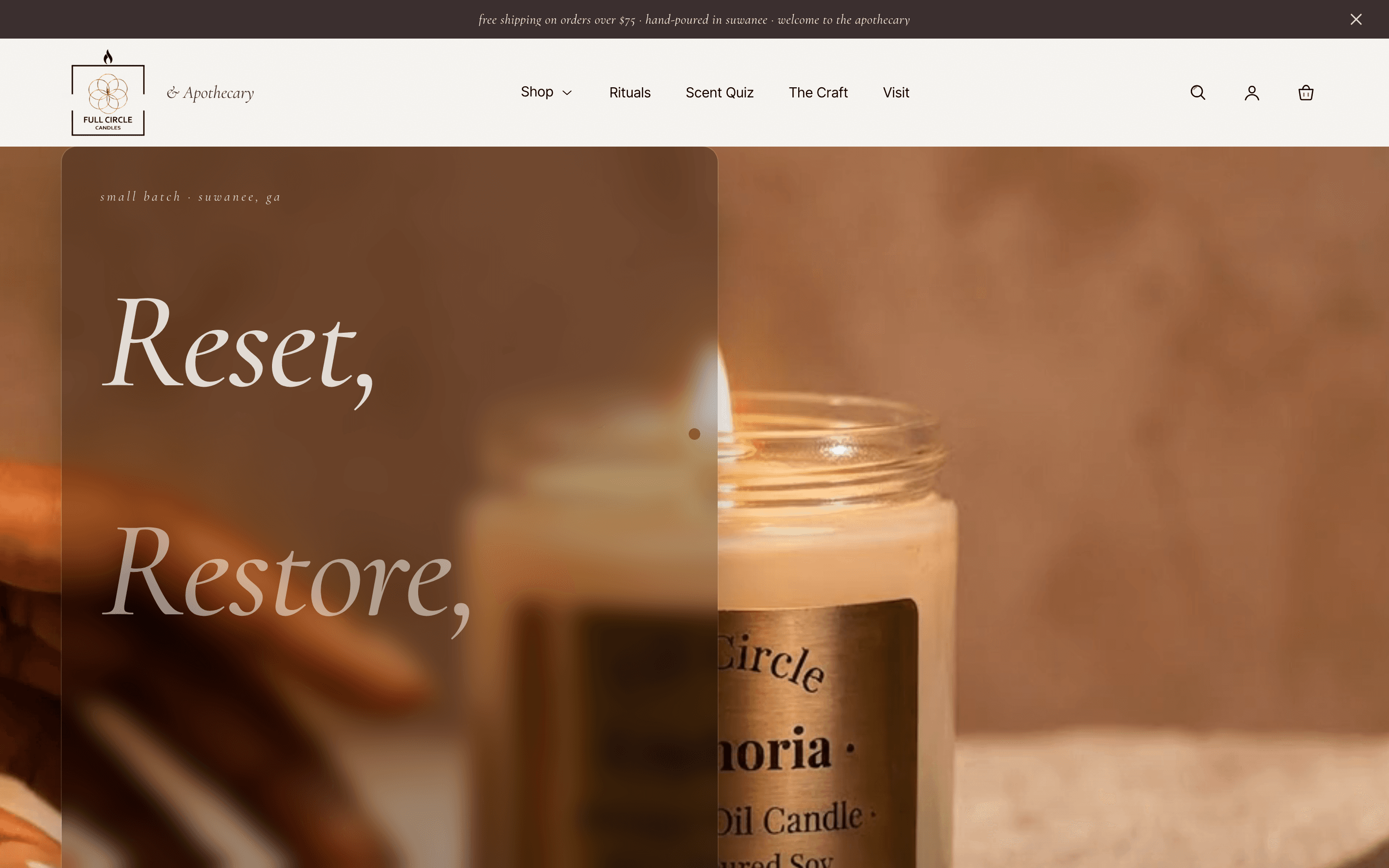 Screenshot of Full Circle Candles & Apothecary — live client website