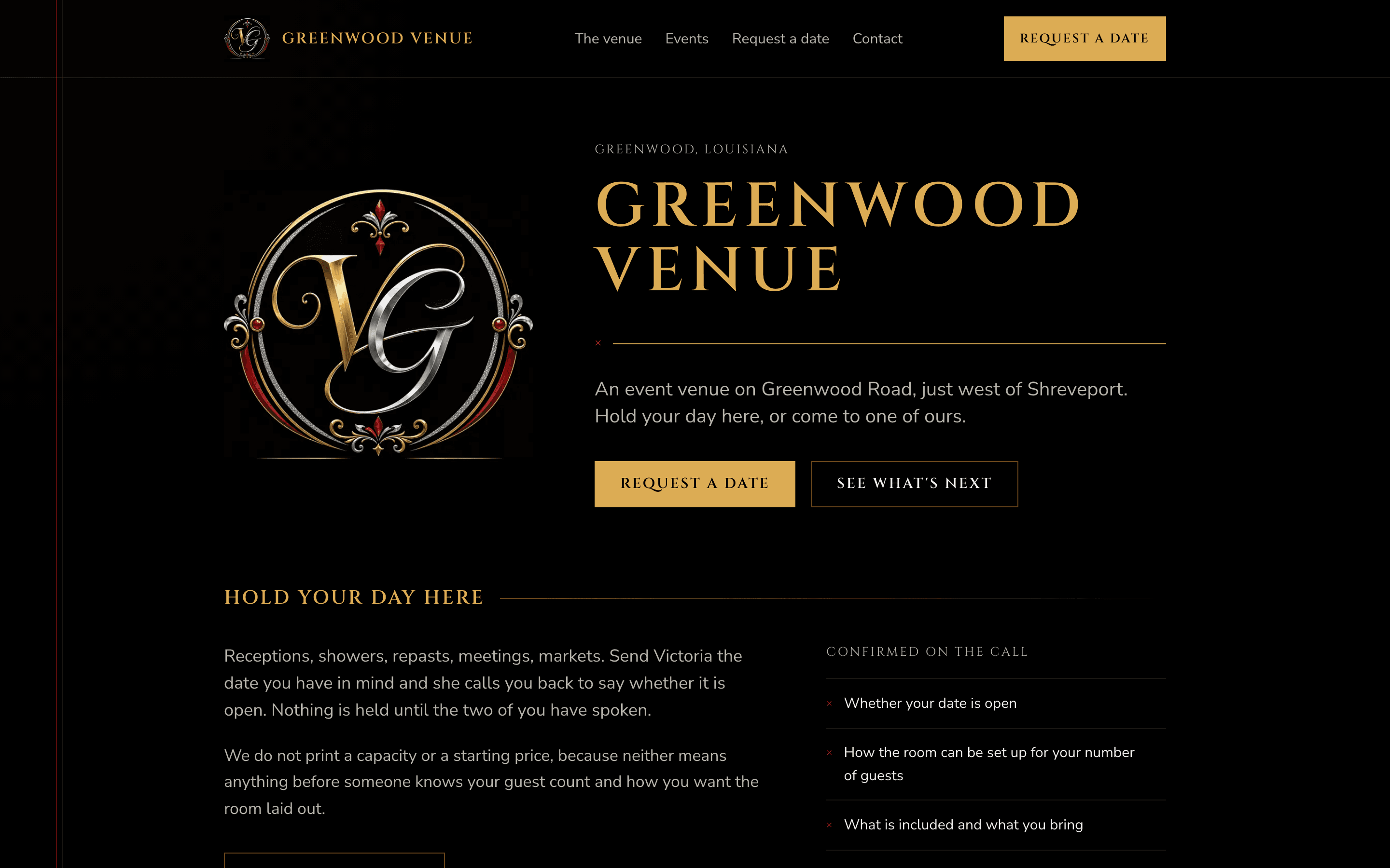 Screenshot of Greenwood Venue — live client website